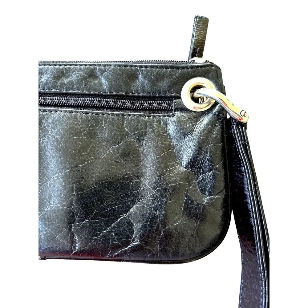 Sophia Visconti Black Leather Wristlet Wallet Purse Silvertone Looks‎ New